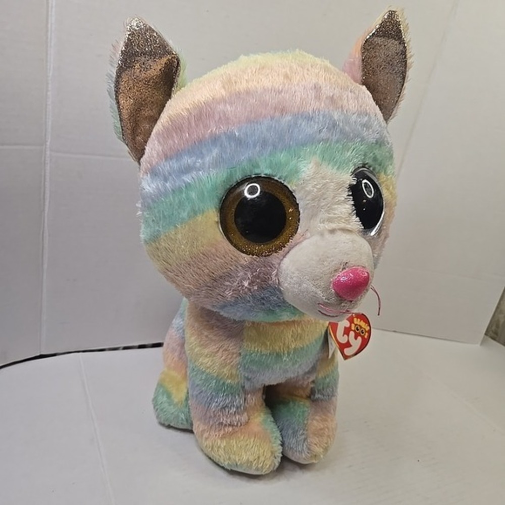 Ty Beanie Boos Heather Large Rainbow Cat Plush 17"2018 Blue Gold Glitter Eyes - Picture 4 of 16